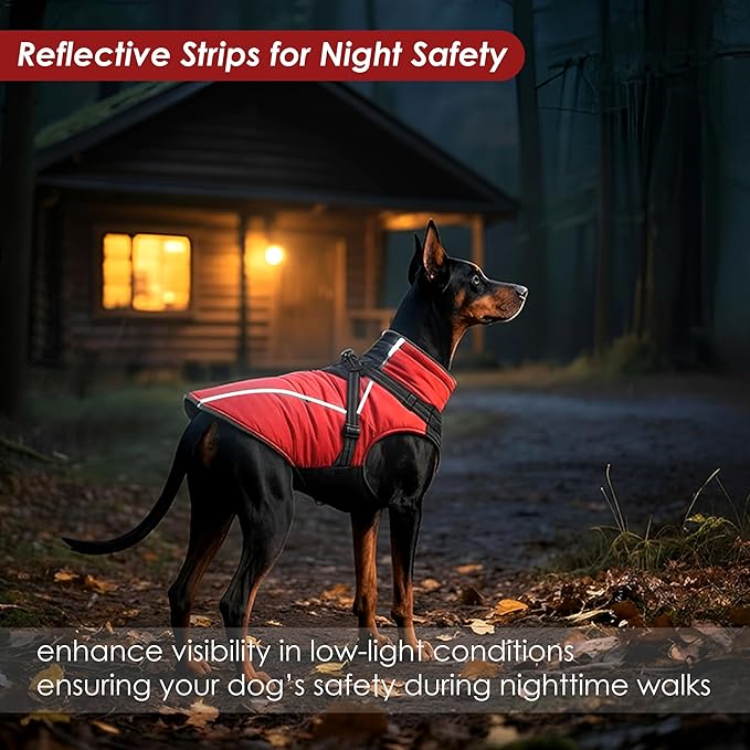 ASENKU Reflective Dog Coat with Built-in Harness, Windproof Fleece-Lined Dog Jacket for Small, Medium, Large Dogs, Warm Winter Vest with Turtleneck & Zipper (Red 3XL)