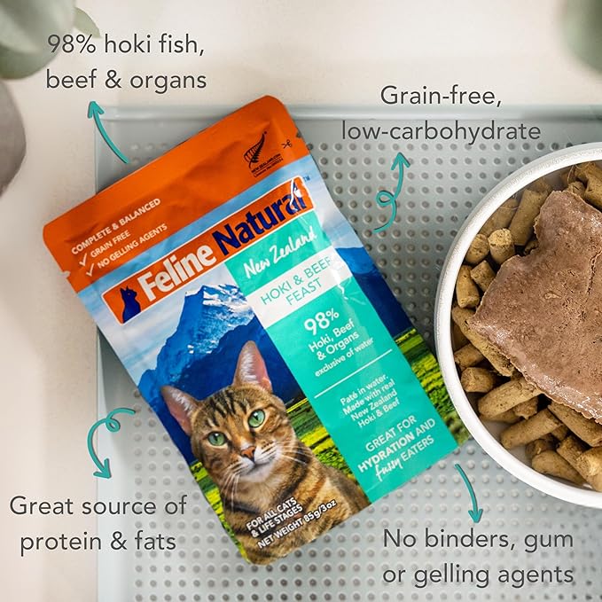 Feline Natural Wet Cat Food Pouch - Hoki & Beef Feast, Grain-Free, Grass-Fed & Sustainably Sourced Wet Food for Cats - Made in New Zealand, 3oz Pate, 12 Count Pack