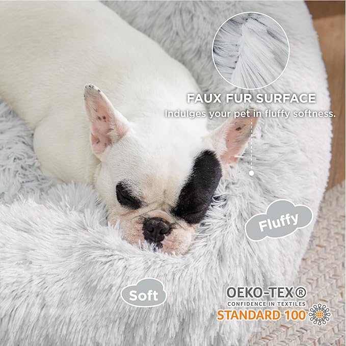 Bedsure Calming Dog Bed for Medium Dogs - Donut Washable Medium Pet Bed, 30 inches Anti-Slip Round Fluffy Plush Faux Fur Cat Bed, Fits up to 45 lbs Pets, Frost Grey