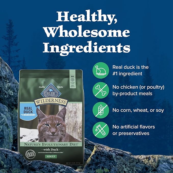 Blue Buffalo Wilderness Nature's Evolutionary Diet High-Protein, Grain-Free Natural Dry Food for Adult Cats, Duck, 5-lb. Bag