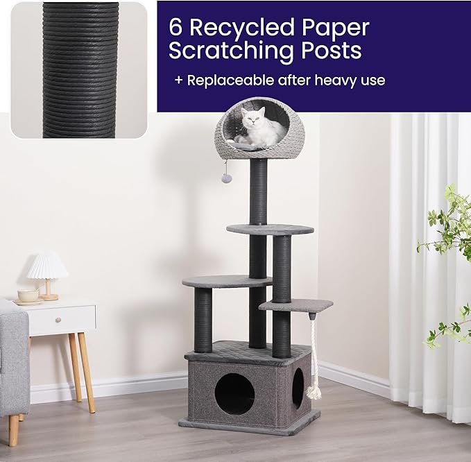 Catry 62" High 6 Level Mordern Cat Tree with Large Base Condo, Top Hoodie Bed, Quilted Velvet Pad Steps, Replaceable Scratching Posts,for Multi- Cats Homes(Dark Gray)