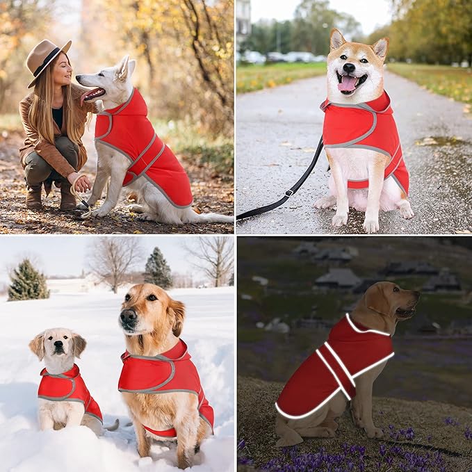 Dog Rain Coat for Large Dogs Waterproof Hooded Rain Jacket with Reflective Strips Leash Hole & Poncho Adjustable Fit (Red,XL)