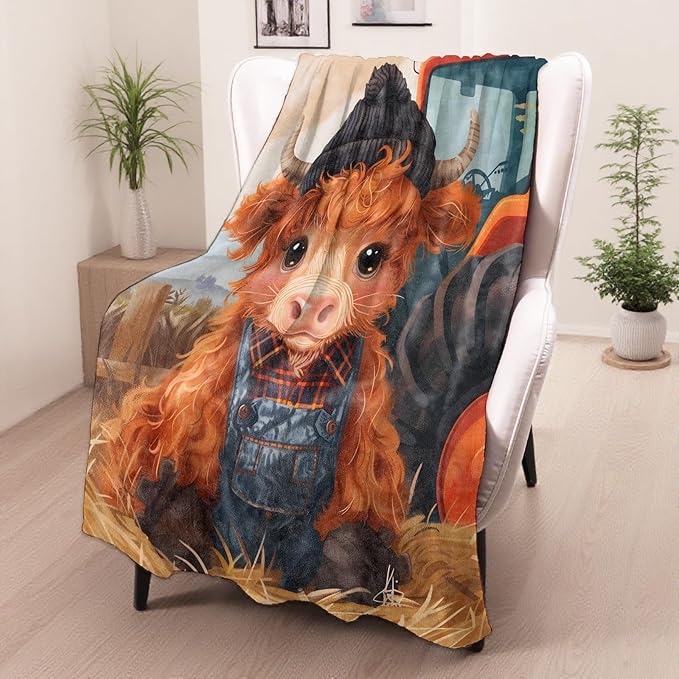 Highland Cow Gifts, Cow and Tractor Farm Blanket for Adults Women Kids, 80x60 in, Cozy Fuzzy Warm Soft Throw Blankets for Bedroom, Camping, Couch, Decor
