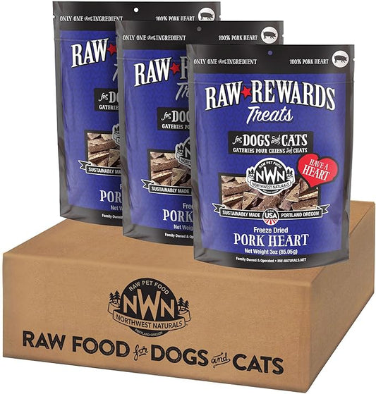 Northwest Naturals Raw Rewards Freeze-Dried Pork Heart Treats for Dogs and Cats - Bite-Sized Pieces - Healthy, 1 Ingredient, Human Grade Ingredients, All Natural, Proudly Made in USA, 3 Oz (Pack of 3)