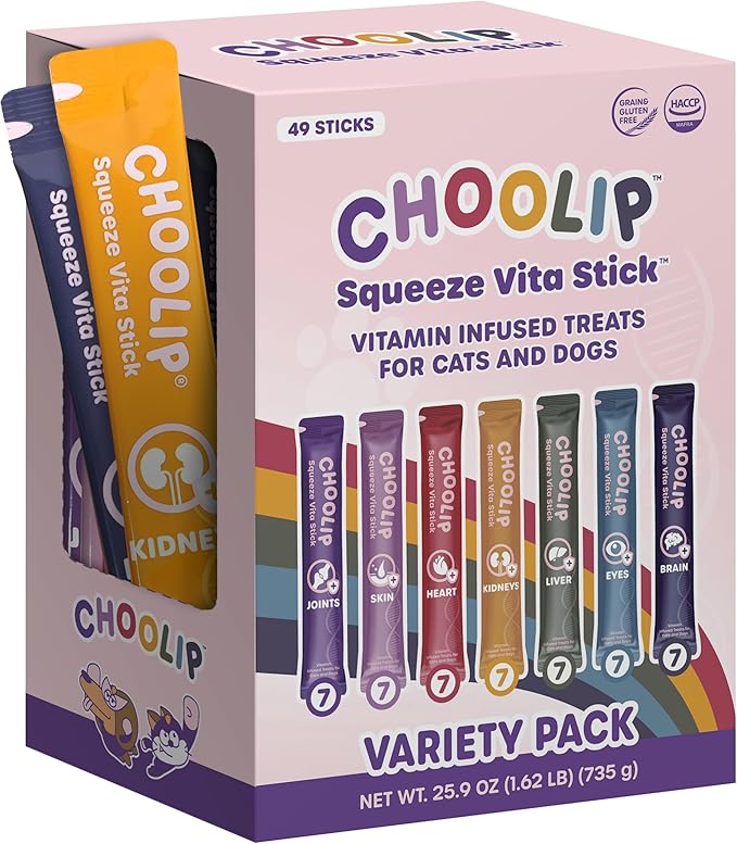 Choolip Squeeze Vita Stick Lickable Cat and Dog Treats – 49-Count Variety Pack with Multivitamins, Soft Squeezable Paste for All Life Stages, Supporting Overall Health