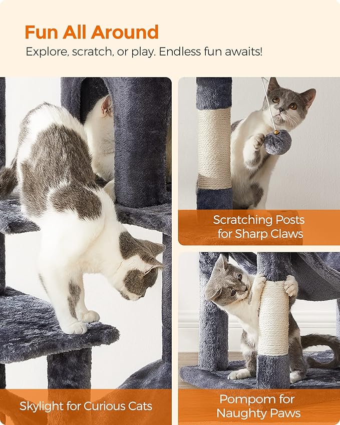 Feandrea Cat Tree, 56.3-Inch Cat Tower for Indoor Cats, Multi-Level Cat Condo with 4 Scratching Posts, 2 Perches, Hammock, Cave, Smoky Gray UPCT161G01