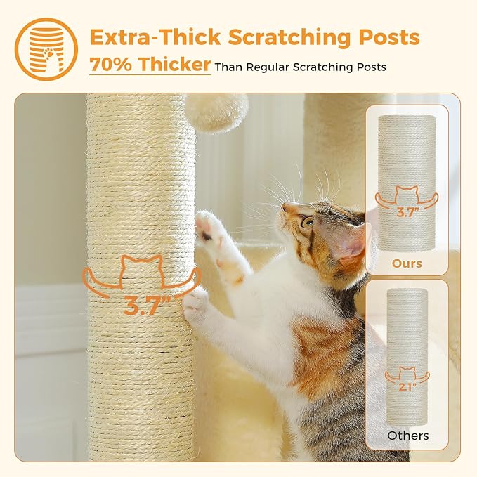 Large Cat Tree for Indoor Cats Large Adult, 57.8" Heavy Duty Cat Tower with 4 Reinforced Scratching Posts (φ3.7in) and Plush Larger Hammock for Maine Coon & Big Cats, Supports 30lbs, Beige