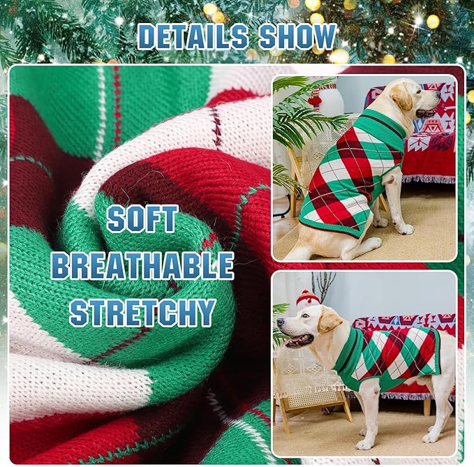 KOOLTAIL Dog Christmas Sweater Pet Knitted Clothes - Classic Plaid Pull Over Turtleneck Christmas Dog with Leash Hole Warm Dogs Winter Clothing for Small Medium Dogs Cats Puppy (Green & Red L)