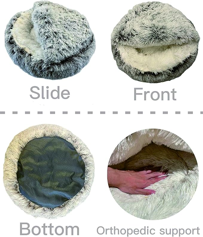ShinHye Plush Fluffy Hooded Cat Bed Cave, Cozy for Indoor Cats or Small Dogs - Waterproof, Washable, 2626inch, Grey