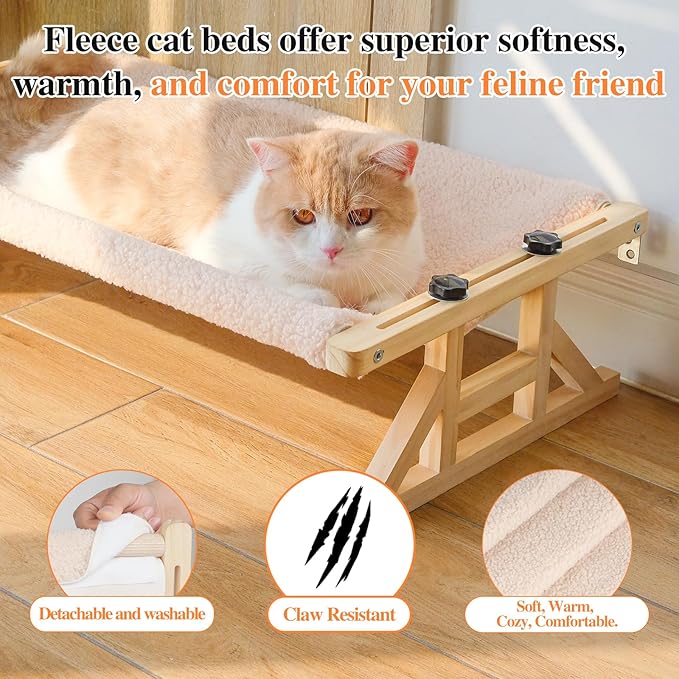 Tresbro 2-IN-1 Cat Window Perch & Elevated Cat Hammock, 26''L × 15.7''W × 10.2"H Wooden Frame Pet Bed for Large Indoor Cats, Easy Setup, Adjustable, No Drilling, Cats Seat for Window, Bedside, Ground