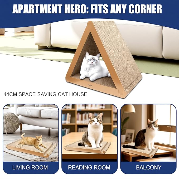 3 Pack Cardboard Cat Scratcher & Scratch Pad with Catnip, Buildable Triangle Cat House w/ 6-Sided Use, Furniture Protection for Indoor Cats