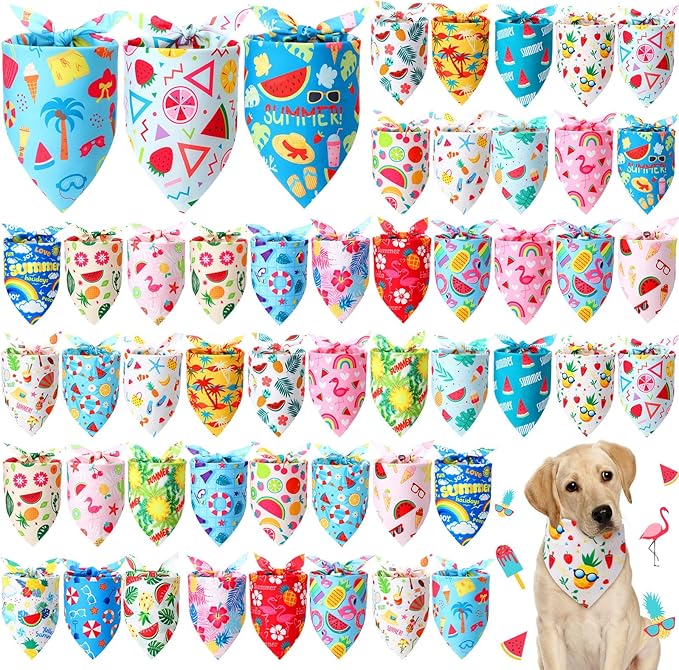 Preboun 50 Pcs Summer Bandanas Dogs Bulk Hawaiian Dog Bandanas Fruit Kerchief Set for Summer Puppy Small Medium Large Pets Costume Accessories (31. 5 x 21. 7 x 21. 7 Inch)