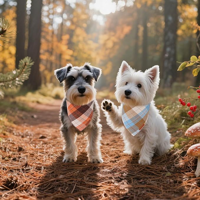 ADOGGYGO 4 Pack Plaid Dog Bandanas Fall Halloween Thanksgiving Christmas, Premium Cotton Fabric, Red Green Orange Blue Plaid Bandanas for Small Dogs (Small)