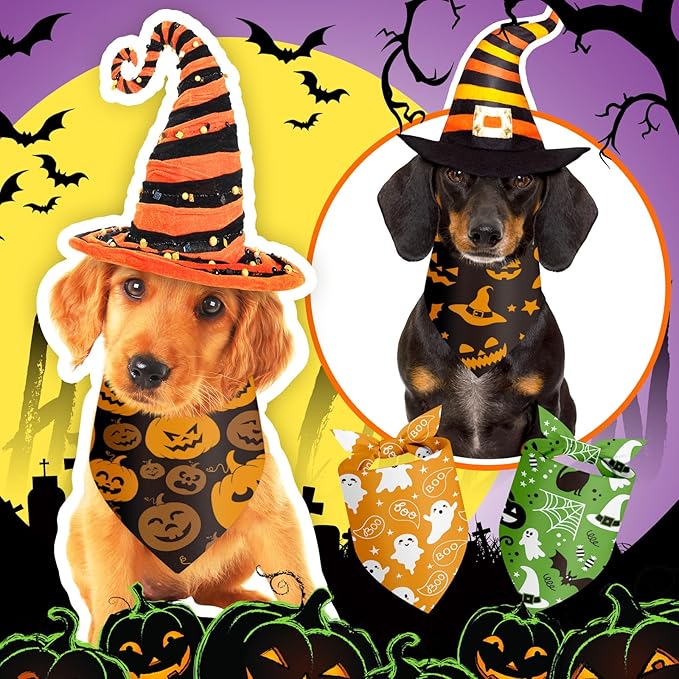 Chunful 60 Pcs Halloween Bandanas for Dogs Pumpkin Ghost Spider Patterns Soft Bibs Adjustable Triangle Doggie Scarf for Small Medium Large Pet Costume(25.6 x 17.7 x 17.7 Inch)