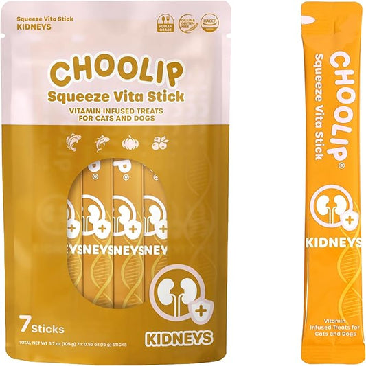Choolip Squeeze Vita Stick Lickable Cat and Dog Treats – 7-Count Kidney Support Sticks with Multivitamins, Soft Squeezable Paste for All Life Stages, Supporting Kidney Health