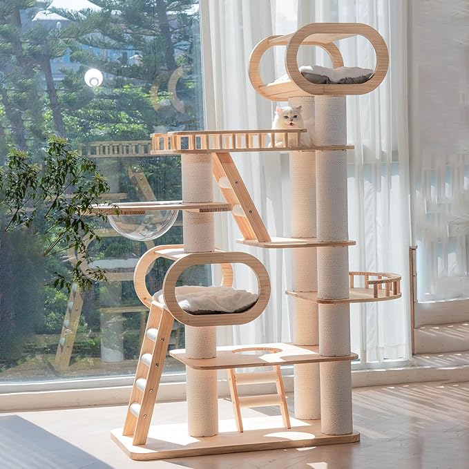 Wood Cat Tree,77'' Modern Cat Trees for Indoor Cats Large Adult,Mult-Level Large Cat Tower with Sisal Scratching Posts,Top Bed,Clear Hammock,Toy,Heavy Duty Sturdy Cat Condo for Cats