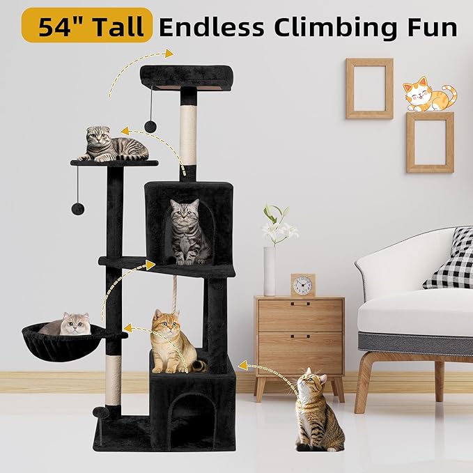 Cat Tree 54-Inch Cat Tower with Padded Plush Perch 2 Comfy Caves, Scratching Posts, Basket, 2 Pompoms, Multi-Level Plush Cat Condo for Indoor Cats Kittens, Black