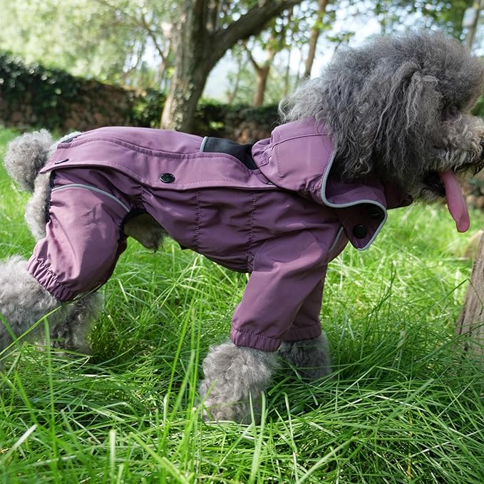 LOVELONGLONG Waterproof Dog Raincoat with Removable Hood – Outdoor Full Body Dog Jacket, Windproof Snowproof Shell Suit – All Season Pet Rain Gear Plum Purple 4XL