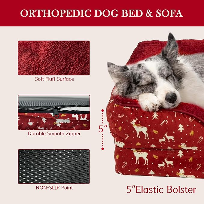 Comfort Expression Orthopedic Dog Bed for Extra Large Dogs 42x30 Inch, Waterproof Supportive Memory Foam XL Pet Bed with Removable Bolsters, Dog Couch with Washable Cover & Non-Slip Bottom, Red