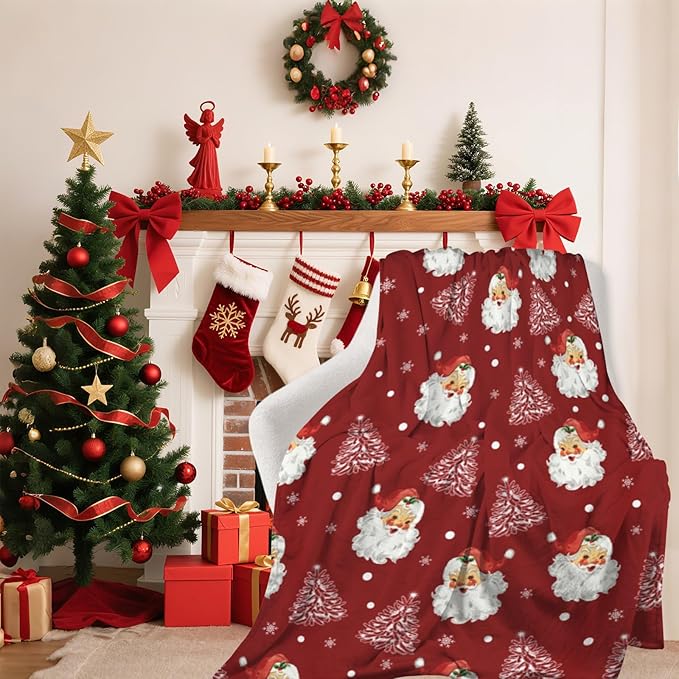 Christmas Santa Claus Throw Blankets, Xmas Soft Lightweight Anti Pilling Aldult Fleece Blanket for Women, 60x80 Inches Winter Tree Snowflake Red Decorative Blanket for Chair Couch Living Bedroomn