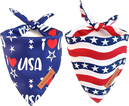 Realeaf 4th of July Dog Bandanas 2 Pack, Triangle Reversible American Flag Pet Patriotic Scarf for Boy and Girl, Premium Durable Fabric, USA Bandana for Small and Medium Dogs (Small)