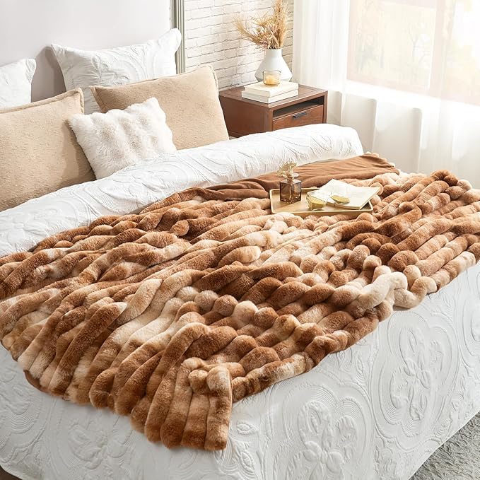 Cozy Bliss Faux Fur Throw Blanket for Couch, Cozy Warm Plush Striped Blanket for Sofa Bedroom Living Room, 60 * 80 Inches Tie-dye Brown