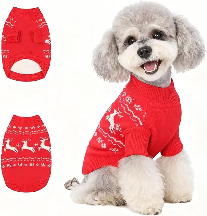 Christmas Small/Medium Dog Sweater, Warm Dog Winter Coat w/Sleeves & Leash Hole, Comfy Stretch Premium Dog Clothes for Mini Poodle-Best for Holidays, Daily Walks S Red