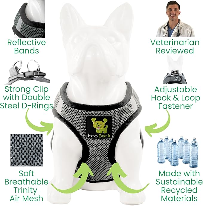 EcoBark Step in Dog Harness - Eco-Friendly Teacup Dog Harnesses for XXS, XS, and Small Dogs - Reflective and Adjustable Mini Body Halter Vest -Tiny Soft Mesh Toy Breed Harness (Gray, XXS)