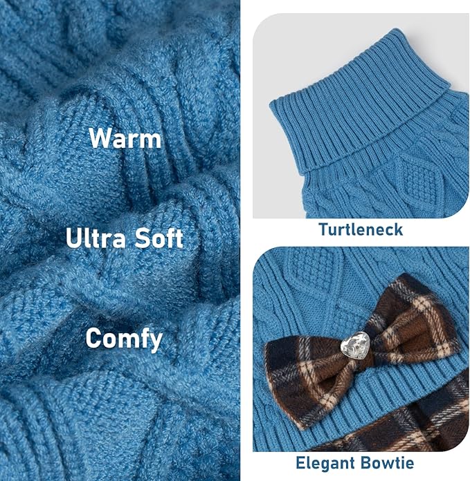 KYEESE Dog Sweater Comfy Dogs Clothes with Bowtie Warm Pullover Pet Coats Soft Turtleneck Cat Sweaters Thick Dog Sweaters for Small Dogs Male Stretchy Knitwear Pet Sweater Dress, Blue, Large