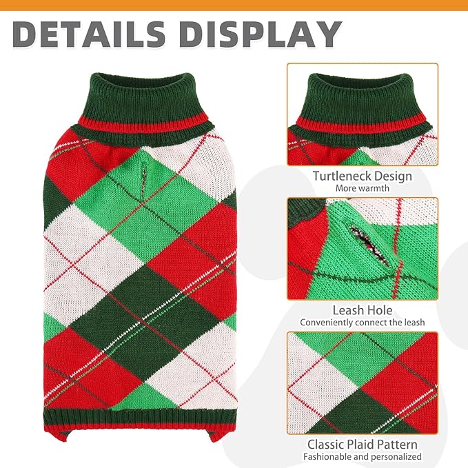 KOOLTAIL Dog Christmas Sweater Pet Knitted Clothes - Classic Plaid Pull Over Turtleneck Dog Sweaters with Leash Hole Warm Dogs Winter Clothing for Small Medium Dogs Cats Puppy Boy Girl Red & Green S