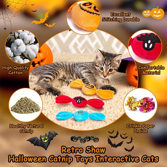 Retro Shaw Halloween Cat Toys,3PCS Candy Catnip Toys with Crinkle Sound Inside,Sweet Treats Cat Toy, Trick or Treat for Halloween Kitten Toys,Interactive Indoor Kitty Kicker for All Breeds