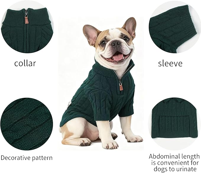 Medium/Large Dog Sweater, Warm Dog Winter Coat w/Sleeves, Comfortable High Neck Premium Dog Clothes for Bulldog-Best for Holidays, Daily Walks L Green