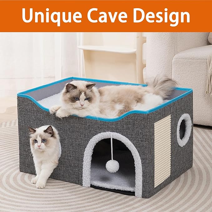 Cat Houses for Indoor Cats - Large Cat Bed Cave with Scratch Pad and Fluffy Ball, Foldable Cat Condo Hideaway with Reversible Cushion for Multi Small Pet, Light Grey