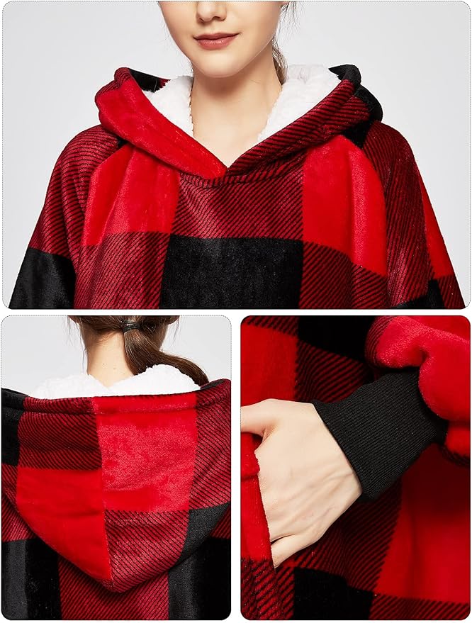 KFUBUO Wearable Blanket Hoodie for Adults Sherpa All Patterns Oversized Sweatshirt Blanket with Pockets for Women Red Plaid