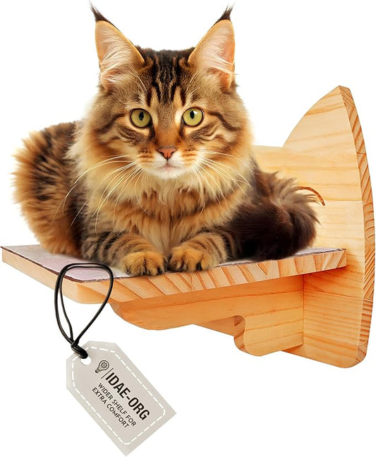 IDAE Cat Wall Shelf – Modern Wall-Mounted Furniture with Face Design – Wooden Perch for Large Indoor Pets – Natural Pine Climbing Shelf
