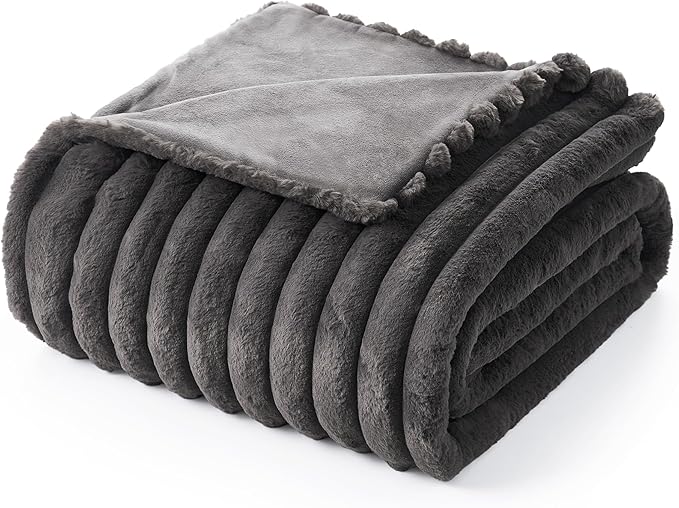 Amélie Home Faux Fur Throw Blanket for Couch, Cozy Fuzzy Fluffy Fur Luxurious Soft Striped Plush Gift Blankets for Family Sofa Chair Bedroom, 60"x80", Charcoal Grey