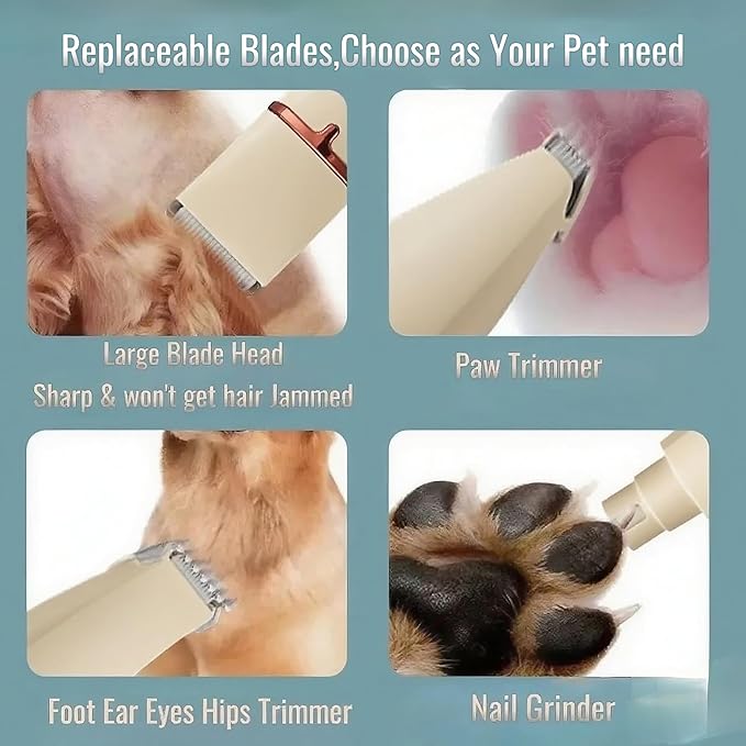 4 in 1 Pet Dog Cat Grooming Kit Dog Cat Nail Ear Paw Clipper Trimmer Pet Hair Grooming Clipper-Low Noise Rechargeable - Cordless Quiet Nail Grinder Trimming Hair Around Eyes and Ears (Beige)