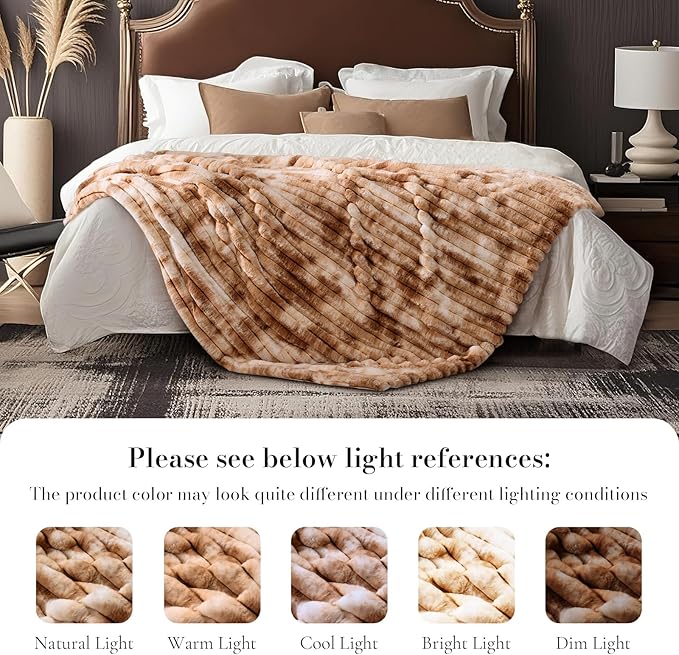 Amélie Home Faux Fur Throw Blanket for Couch, Cozy Fuzzy Fluffy Fur Luxurious Soft Striped Plush Gift Blankets for Family Sofa Chair Bedroom, 55"x70", Tie-dye Khaki