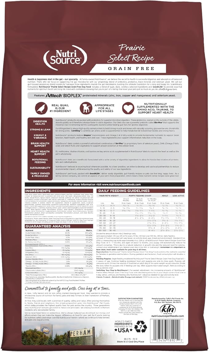 NutriSource Prairie Select Grain Free Dry Dog Food, Quail and Duck, 12LB