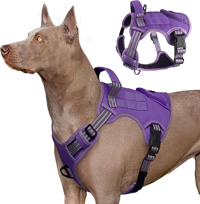 Heavy Duty Tactical Dog Harness for Large Dogs, Adjustable Reflective Service Vest with Control Handle & 4 Patches, No Pull Soft Padded Military Pet Harness for Training Walking Hiking (Purple, L)