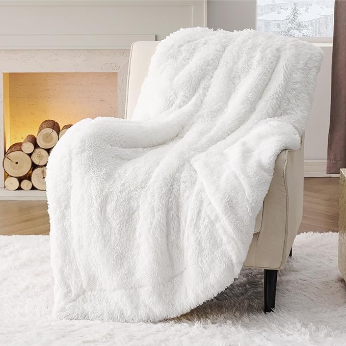 Bedsure GentleSoft Fuzzy Sherpa Faux Fur Twin Blanket White Cozy Gifts for Women Men, Soft Fleece Plush Warm Minky Thick Blanket Twin Size for Bed, Couch, White Room Decor Dorm Essentials, 60x80