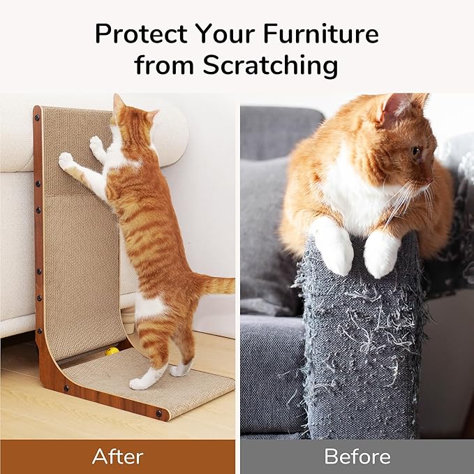 FUKUMARU Cat Scratcher, 26.8 Inch Cat Scratch Pad for Indoor Cats, L Shaped Cardboard Vertical Cats Scratching Board with Ball Toy, Walnut Color, 1 Pack
