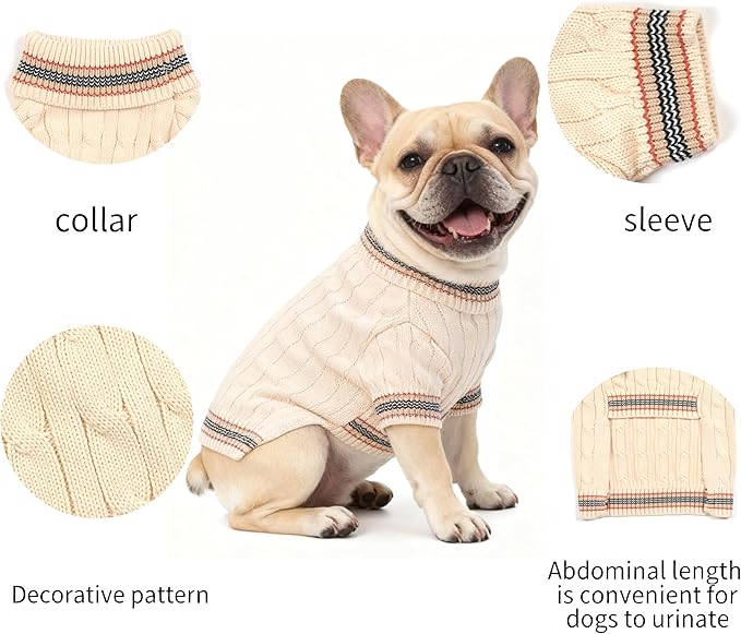 Medium/Large Dog Sweater, Warm Dog Winter Coat w/Sleeves, Comfortable High Neck & Leash Hole, Premium Dog Clothes for Bulldog-Best for Holidays, Daily Walks L White