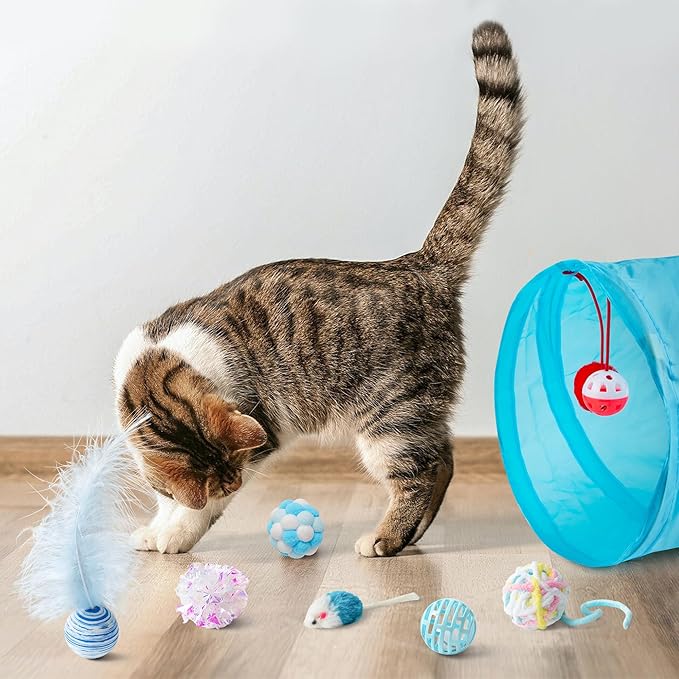 MALLMALL6 11Pc Cat Toy Set - Interactive Pack with Foldable Tunnel, Feather Teaser Wand, Springs, Mice, Crinkle Balls & Pet Bell Balls - Puzzle Toys for Indoor Cats - Gift (Blue)