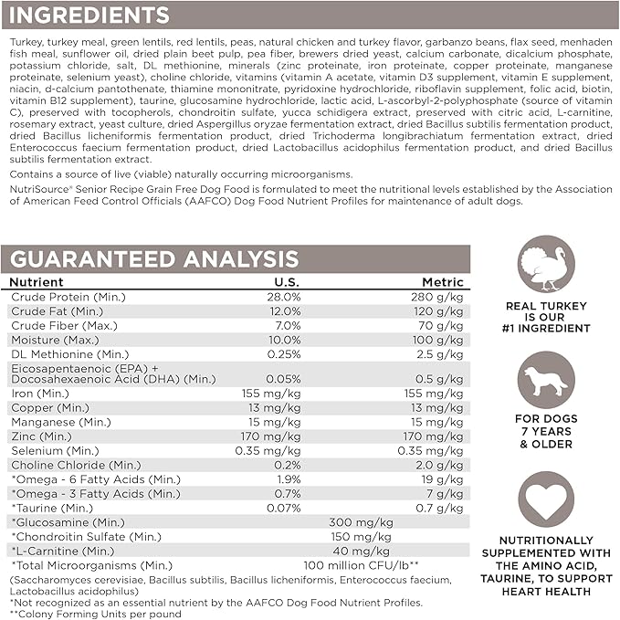 NutriSource Senior Grain Free Dry Dog Food, Turkey, Turkey Meal and Menhaden, 12LB