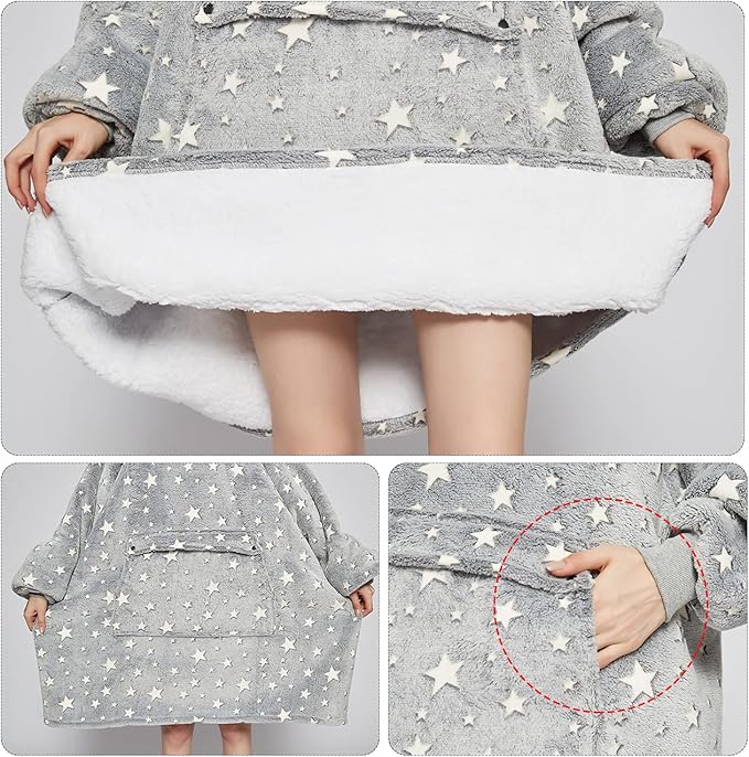 KFUBUO Glow in The Dark Wearable Blanket Hoodie for Adults Long Sherpa All Patterns Oversized Sweatshirt Blanket with Pockets Birthday Gifts for Women