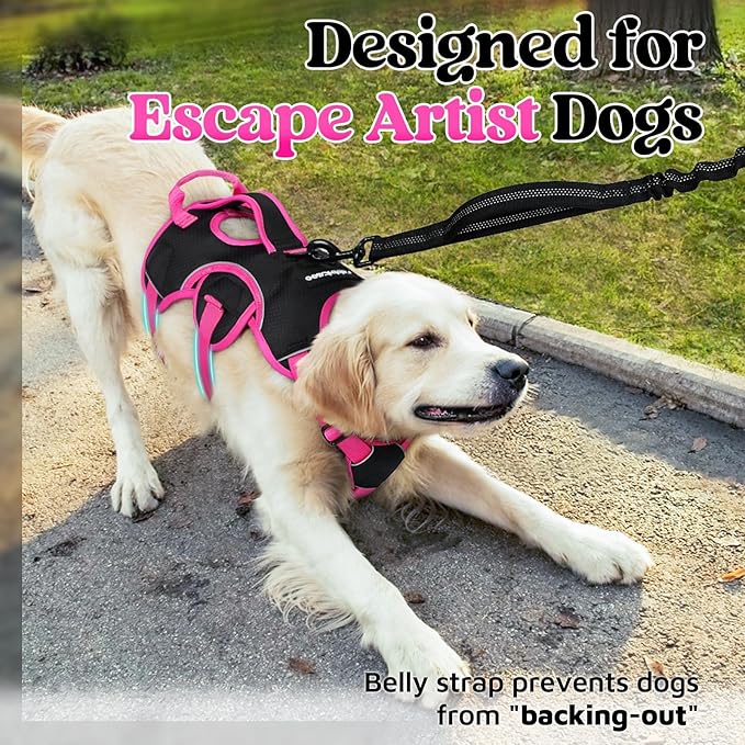 rabbitgoo Escape Proof Dog Harness Large Dogs, Soft Padded Full Body Pet Harness, Reflective Adjustable No Pull Vest with Lift Handle and Leash Clip for Walking Hiking Training, Pink & Black, L