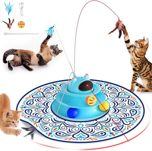 Interactive Cat Toy: 5 in 1 Automatic Cat Toy for Indoor Cats, Rechargeable Hide and Seek Toy with PVC Cover, Battery Operated Kitten Laser Toy with Feather Accessories Pack, Blue