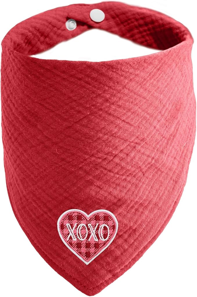 Adjustable Cotton Bandana - Heart Solid Color Embroidered Scarf for Large Dogs with Button Fastening,Wine Red,Large