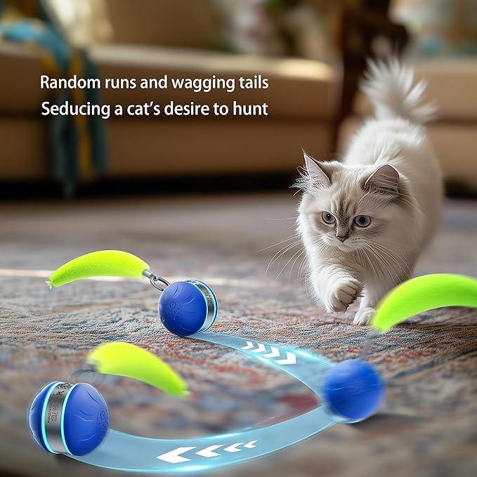 Speedy 2.0 Tail Interactive Cat Toys for Bored Indoor Adult Cats with 3 Tails,Automatic Cat Toy Ball Self Moving Chirping,Smart Kitten Rechargeable Cat Balls for Enrichment Exercise Essentials(Blue)